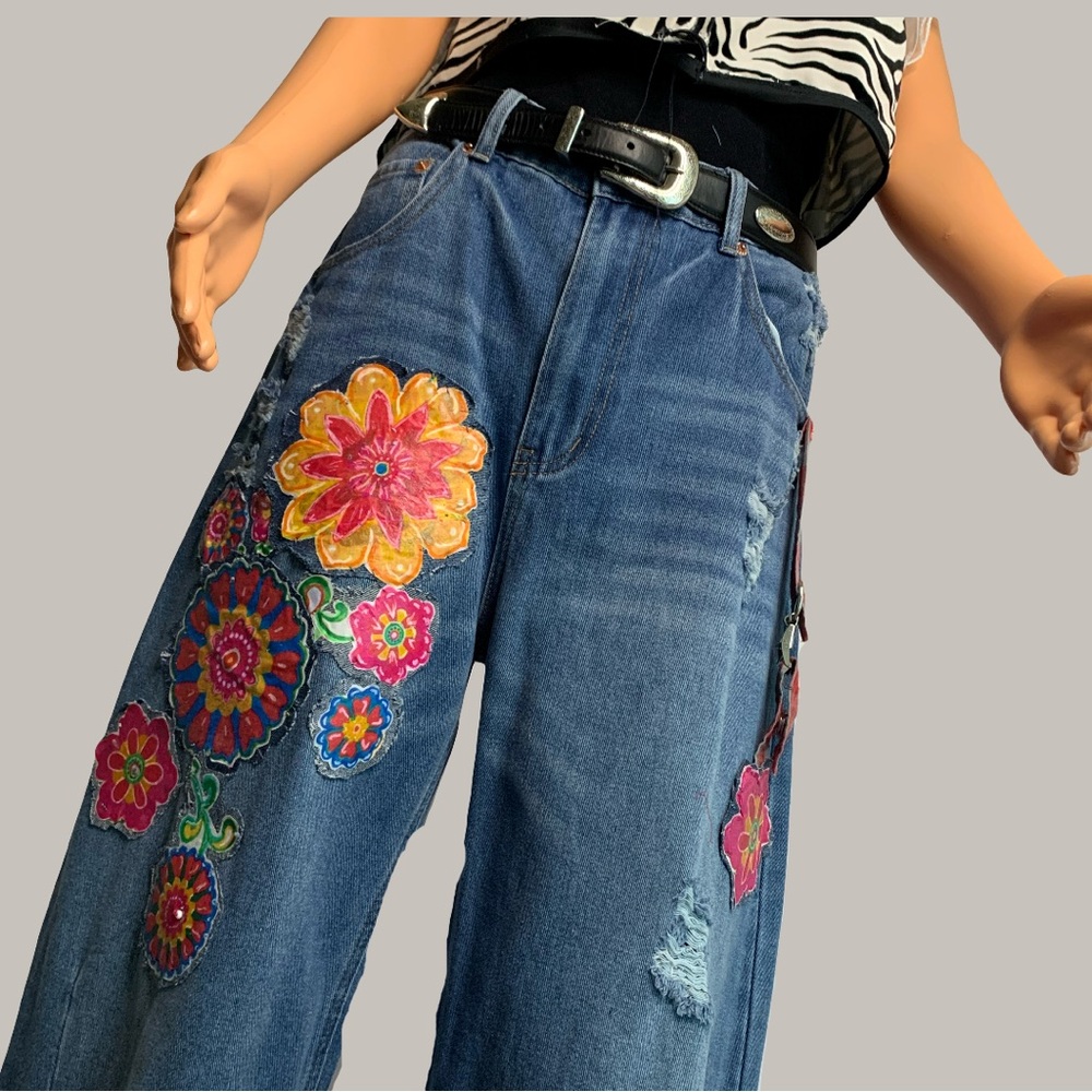 Distressed Barrel Jeans with Colorful Fabric Flowers and Hardware